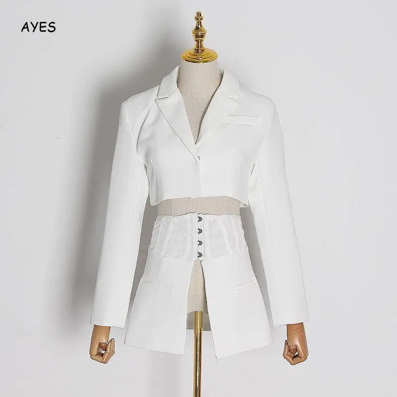 

Женский элегантный комплект из двух предметов, укороченный Топ с длинным рукавом и зубчатым воротником + юбка-корсет с поясом, белый и черны...