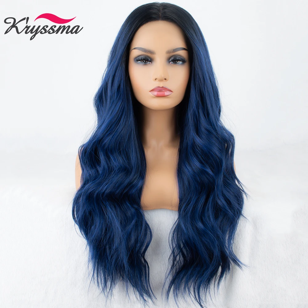 Kryssma Blue Long Wavy Synthetic Lace Front Wigs Pre-plucked Side Part Heat Resistant Fiber Hair Lace Wavy Wig for Fashion Women