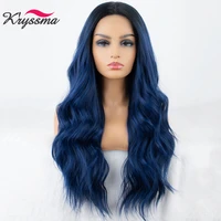 kryssma blue long wavy synthetic lace front wigs pre plucked side part heat resistant fiber hair lace wavy wig for fashion women