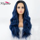 Kryssma синие длинные волнистые синтетические кружевные передние парики предварительно выщипанные боковые части термостойкие волосы на сетке волнистый парик для модных женщин