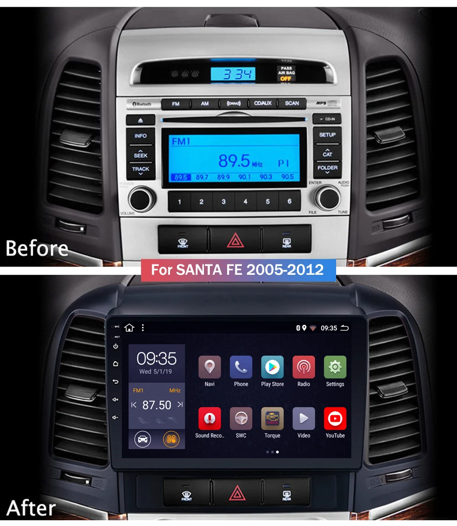 9 дюймов 2.5D IPS HD Мульти-сенсорный экран Android8.1 2G RAM 32G ROM NAVI для Hyundai Santa Fe 2005-2012 с Bluetooth