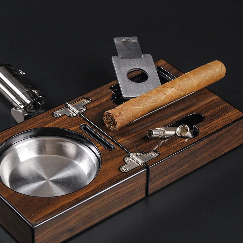 Cinzeiro de Charuto Quatro em um Cortador de Charuto Presente dos Homens Upscale Dobrável Madeira Maciça Portátil Aço Inoxidável Buraco Abridor Terno Viagem