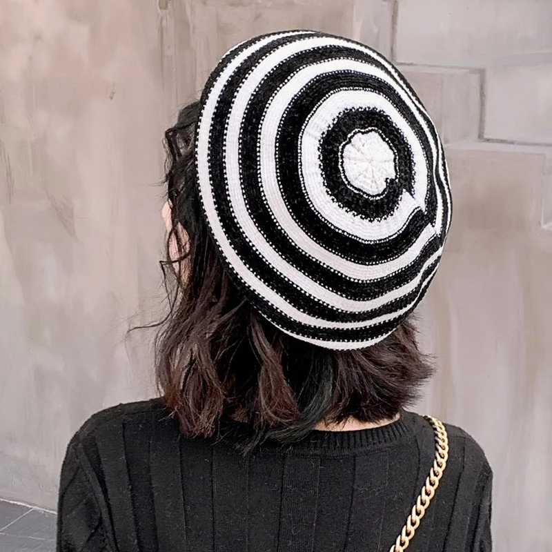 

Beret ladies autumn winter warm striped painter hat outdoor black chenille beanie hat Solid Plain Octagonal Newsboy Cap