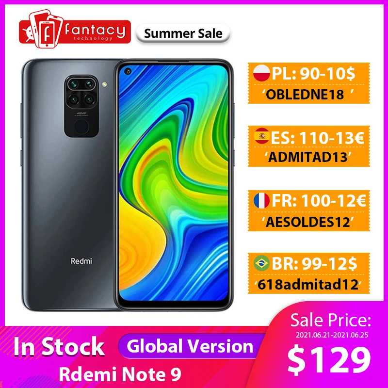 Global Version Xiaomi Redmi Note 9 Smartphone NFC 64GB 128GB Helio G85 6.53 48MP AI Quad Camera Note9 Mobile Phones 5020mAh