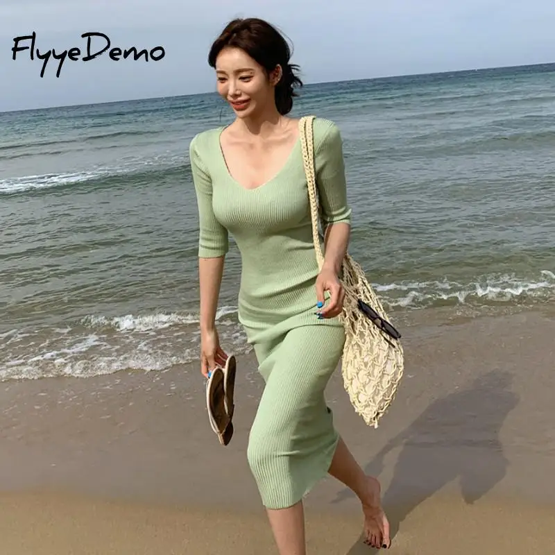 

5 Colors Women Autumn Solid Color 3/4 Sleeve Bodycon Dress 2021 Autumn Fashion Ladies Long Street Outfits Sexy V-neck Dress