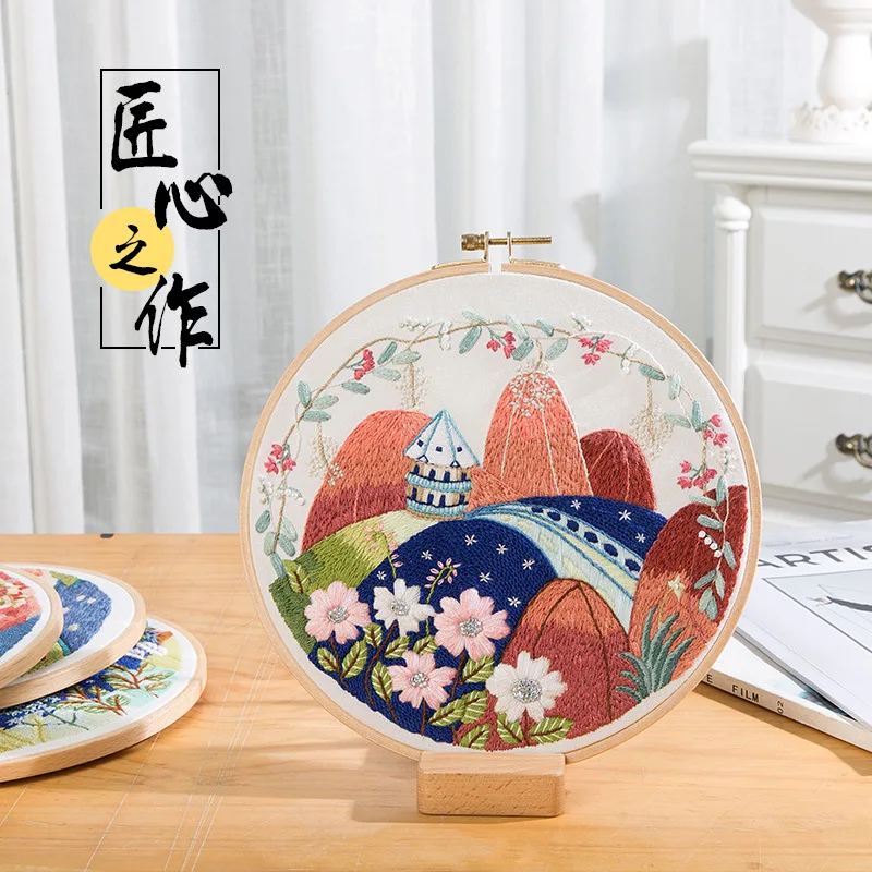 DIY Landscape Flower Embroidery Kit with Hoop Needlework Scenery Cross Stitch Handmade Craft Gift Wall Painting Art Home Decor | Дом и сад