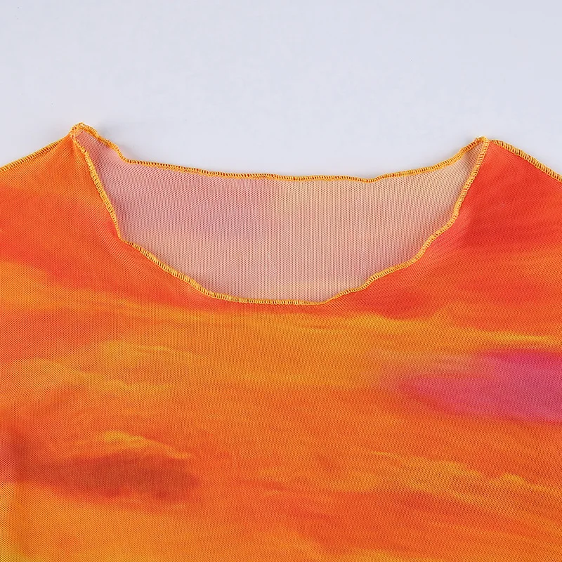 

ArtSu Mesh Shirt Crop Top Summer Sexy See Through Tie Dye Tee Streetwear Woman Ruffles Half Sleeve Casual Tshirts Famale TS52895