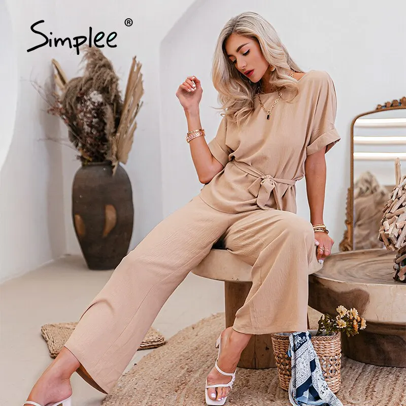 

Simplee two-piece casual woman suits summer Sashe fashion long pants sets Solid t-shirt wide leg pants Pockets female loose suit
