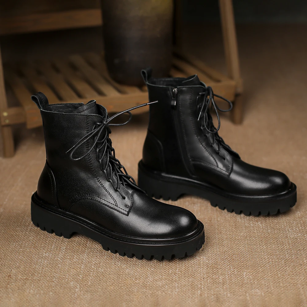 Murah ISNOM Wanita Kulit Asli Putaran Kaki Sepatu Bot Zip Alas Kaki Hangat Bulu Sepatu Bot Salju Fashion Renda Wanita Sepatu Bot Musim Dingin 2020