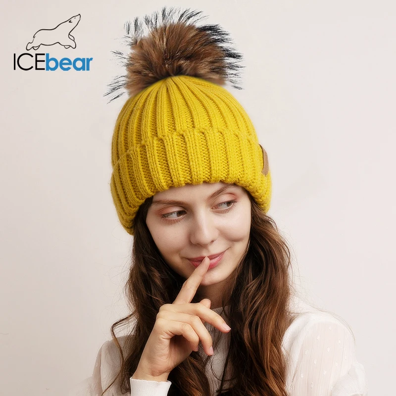 ICEbear женская шапка зимняя вязаная с помпоном натуральный мех рокуна теплая F-2019W010