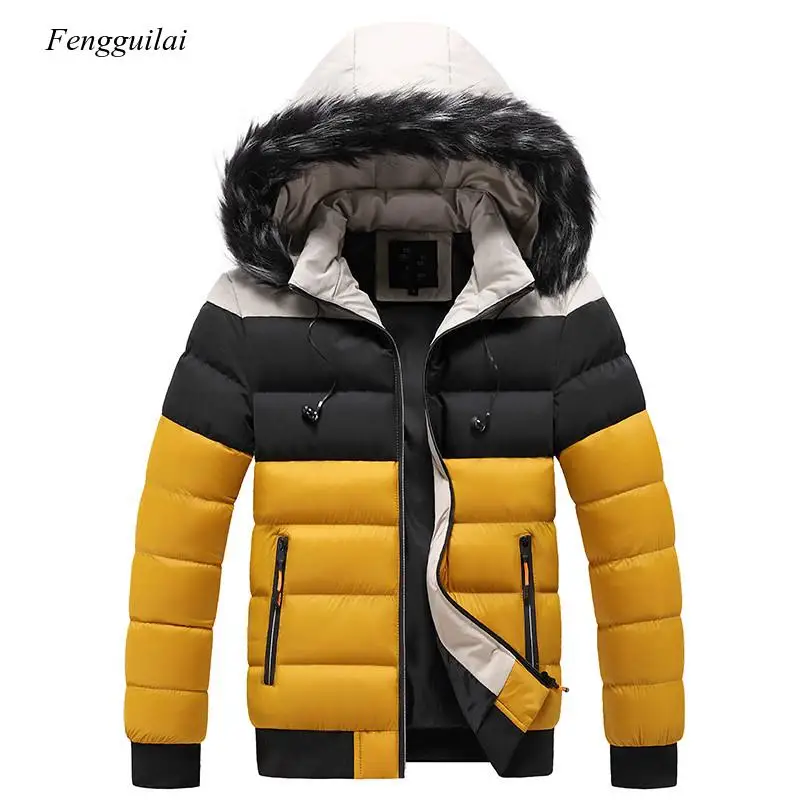 Puffer Jacket Mens Winter Fur Collar Hooded Coat Thick Coat Parkas Down Jacket Cotton Inside Warm