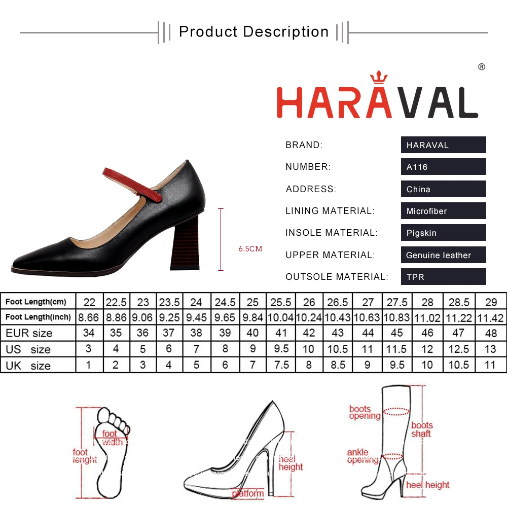 

HARAVAL Women High Thick Heels Pumps Shoes Black White Genuine Leather Classics Square Toe Footwear High Quality Female A116