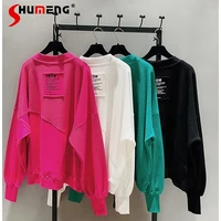 2021 new spring autumn loose korean style loose women top cotton ins hoodie round neck simple pullover sweatshirt