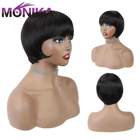 Бразильские парики из человеческих волос с челкой Monika, парик с вырезами Фея для черных женщин, прямые дешевые парики из человеческих волос, полностью машинное изготовление