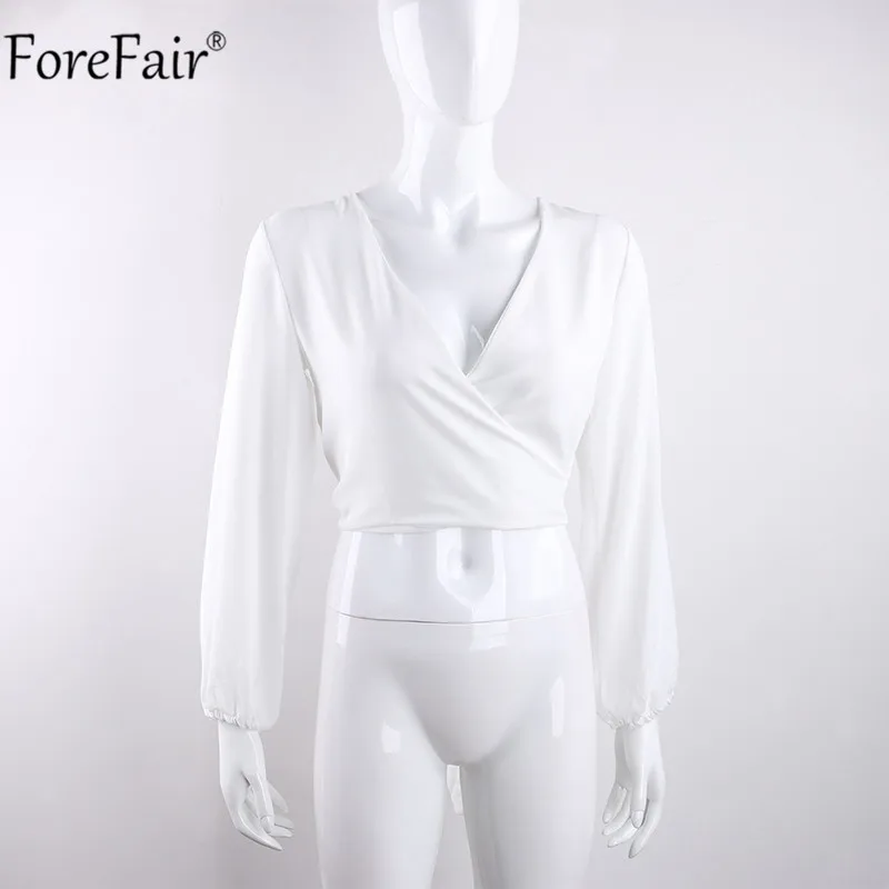 Forefair, открытая спина, v-образный вырез, белая сексуальная блузка, женская летняя рубашка с запахом, длинный рукав, шифон, Женские топы и блузки