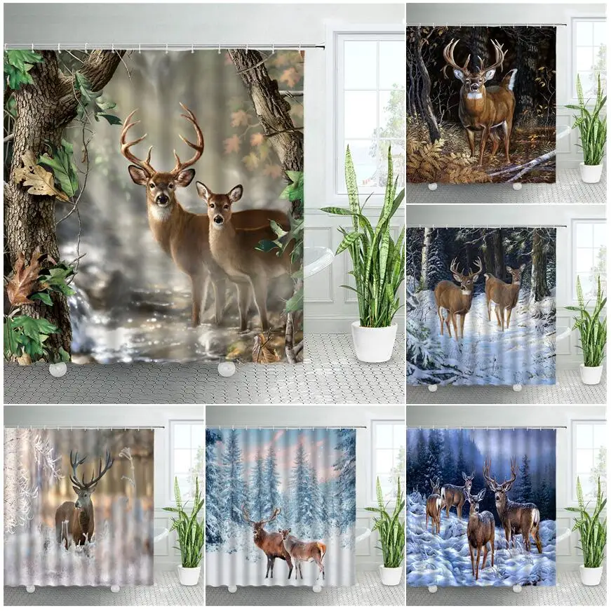

Wild Animals Elk Shower Curtains Winter Forest Cedar Deer Natural Landscape Christmas Decor With Hooks Fabric Bathroom Curtain