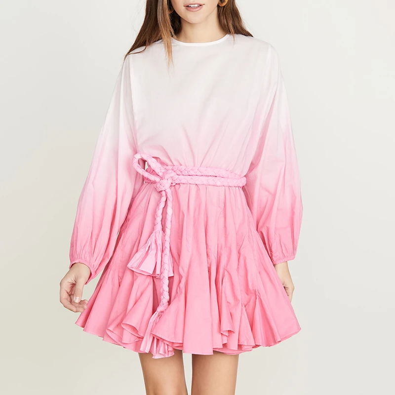 Женское Хлопковое платье с градиентом летнее мини длинным рукавом фонариком