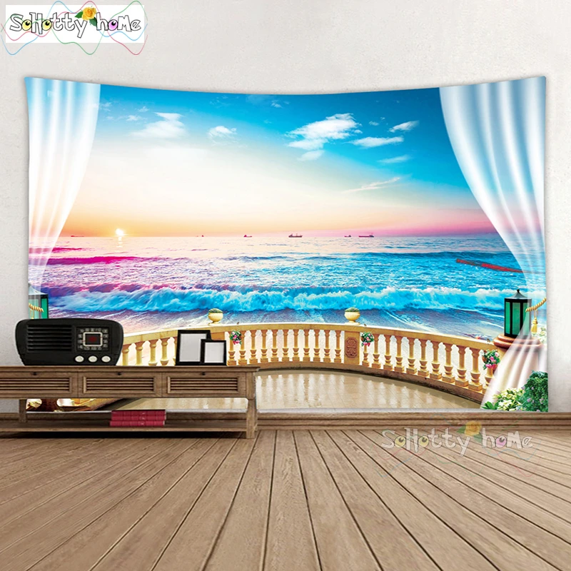 

Beautiful Natural Large Wall Tapestry Forest Printed Seascape Outside The Window Wall Hanging Bohemian Tapestry Wall Decor