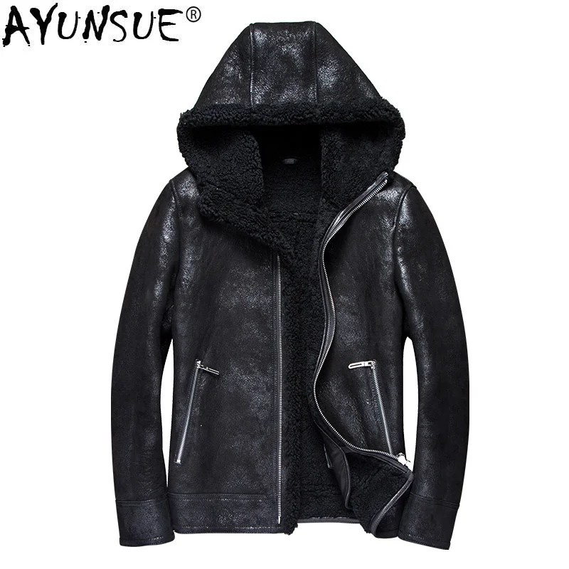 

Men's Leather Jacket Winter Real Genuine Leather Jackets Hooded Sheepskin Coat Short Vintage Natural Wool Fur Coats 2020 7110-1