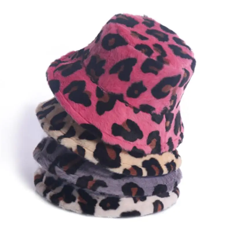 2021 New Korean Winter Vintage Leopard Plush Bucket Hat Women Warm Faux Fur Bucket Cap Japanese Sweet Cute Fisherman Hat