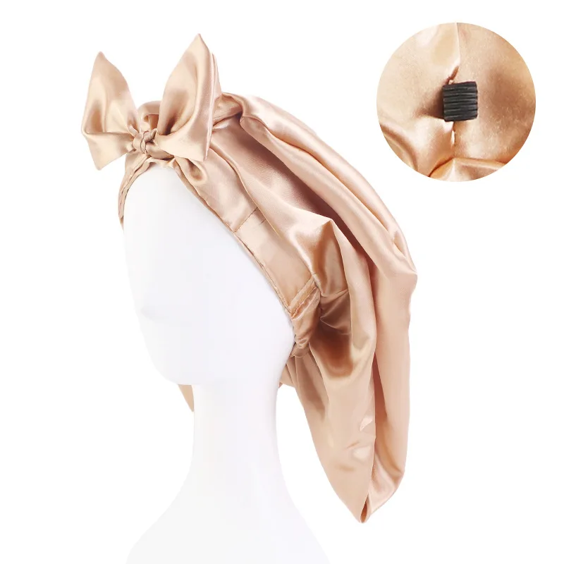 

New Satin Bonnet With Tie Long Hair Holder Foldable Sleeping Hats Wrap Night Cap Front Bow Hair Care Bonnet For Women Men Unisex