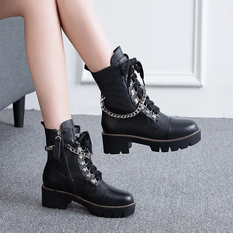 ASUMER 2020 new Genuine Leather boots women chain lace up punk platform ankle ladies short shoes autumn winter snow | Обувь