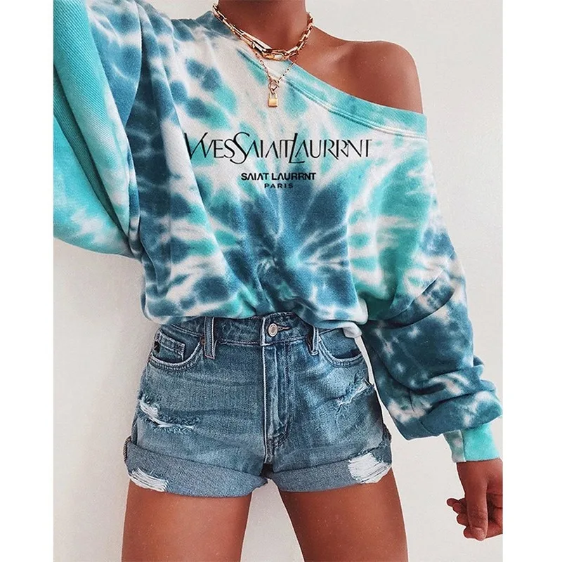 

Tie Dye Letter Print Sweatshirt Women Vintage Hoodies O Neck Long Sleeve Tops Spring Fall 2021 Oversized Casual Fashion Clothing