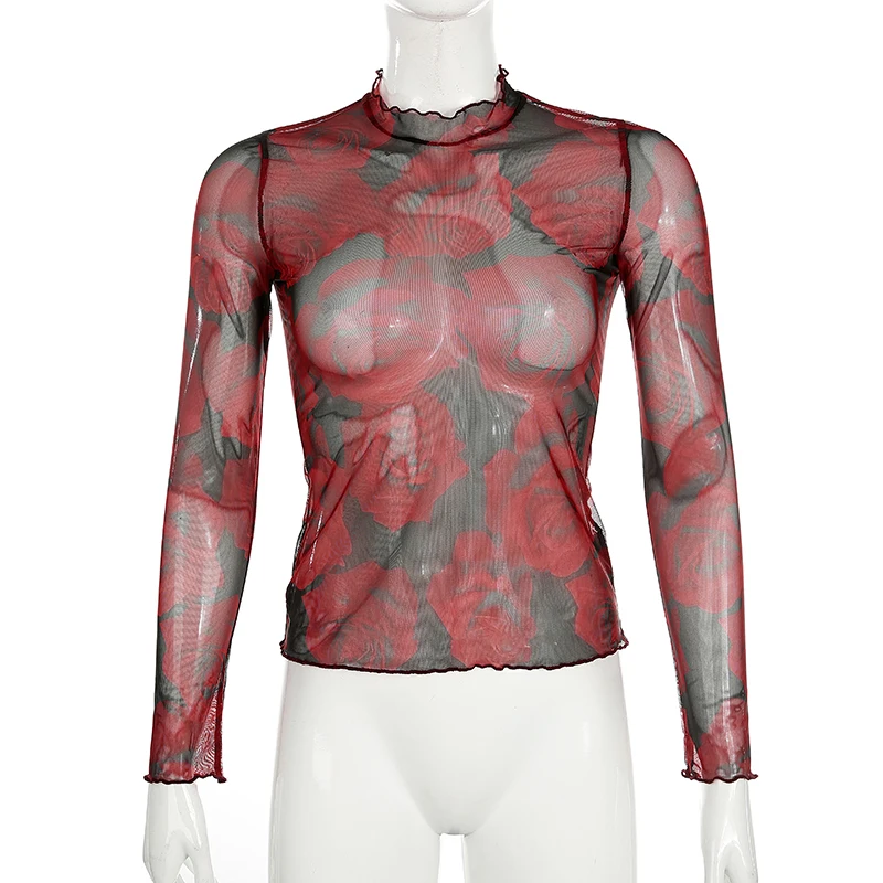 Сексуальная облегающая футболка с прозрачным принтом розы женская уличная