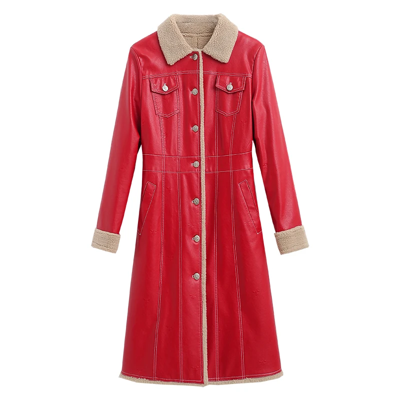 

Women Lamb Fur Leather Coat Winter Autumn Plus Size 4XL Thick Warm Long Fur Coat Women Fur Leather Jacket Fashion Leather Coat