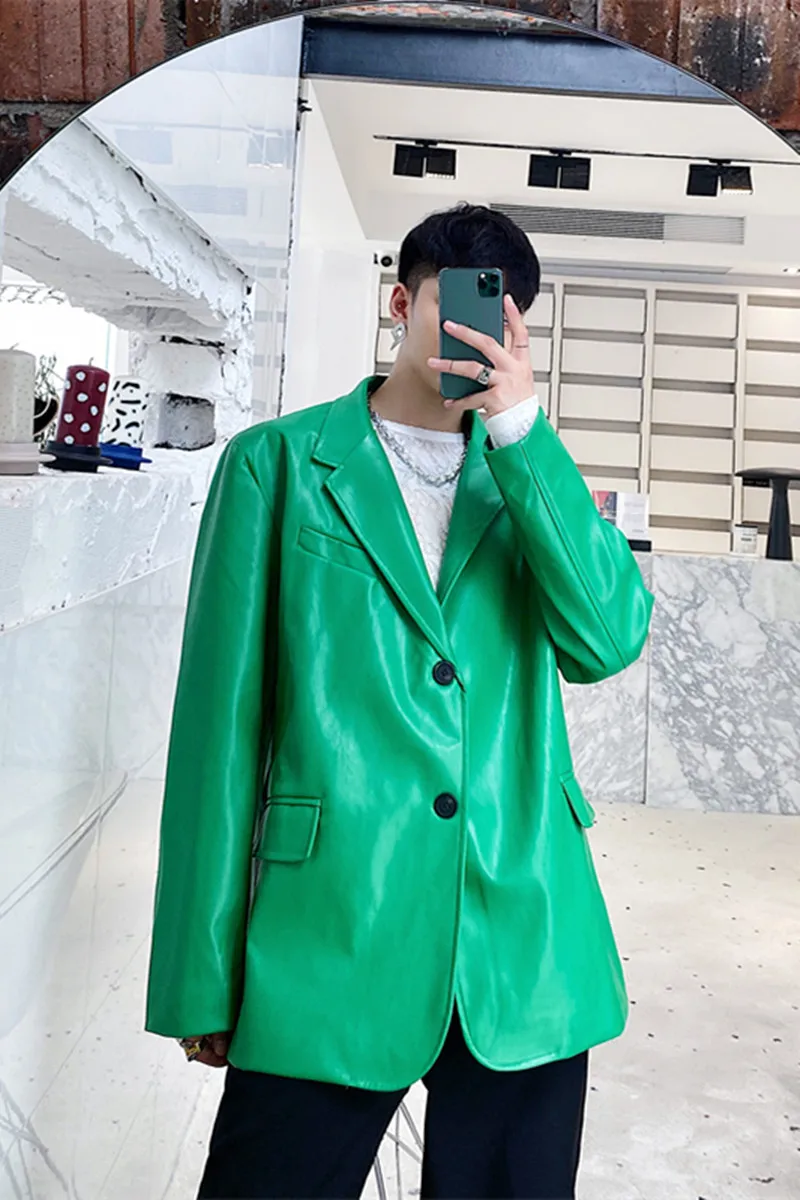 

Male Vintage Night Club Style Stage Costume Clothing Men Bright Purple Green Loose Casual PU Leather Suit Jacket Blazers Coat