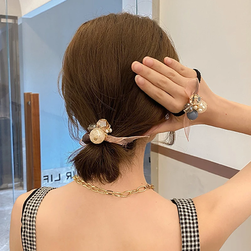

New Colorful Pendant Hair Tie Acrylic Crystal Pearl Bowknot Cute Ponytail Holder Rubber Elastic Hair Bands for Women Accessories