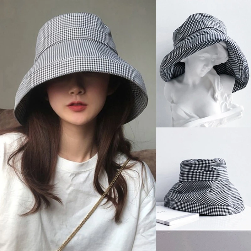 

Fisherman Hat with Large Brim & Check Pattern Summer Women Girls Casual for Vacation Holiday UV Isolation Foldable