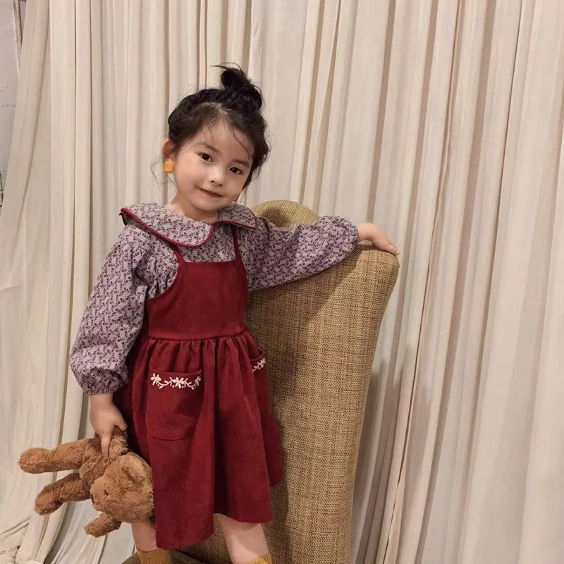 

Girls' Dress Suit Baby Girl Peter Pan Collar Padded Top Plus Corduroy Vest Dress 2020 Autumn and Winter New Children's Clothing