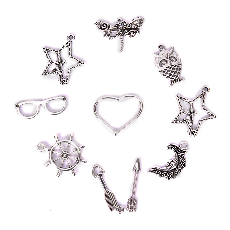 100 шт Смешанные европейские браслеты Подвески античные серебряные цветные