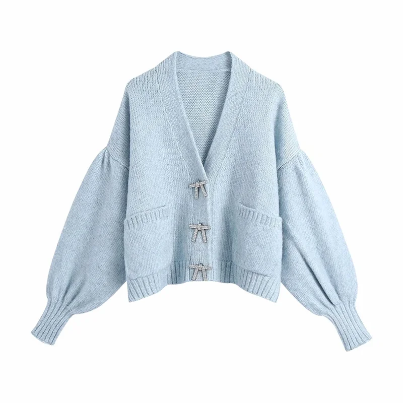 Women New Sweet Exquisite Bowknot Decoration Sweater Female Single-Breasted Puff Sleeve Cardigan Chic Top