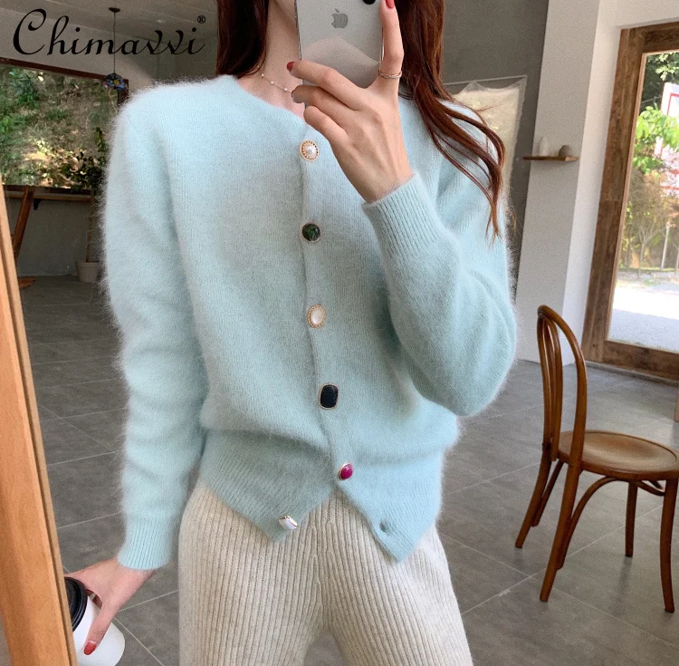 

Осень-зима 2021, норковый свитер, пальто, Женский Повседневный короткий кардиган с длинным рукавом, Женская приталенная корейская модная вяза...