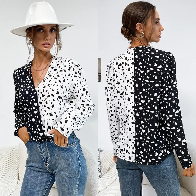 

Black White Polka Dot Leopard Blouse Women Spring Autumn Long Sleeve V-Neck Open Stitch Loose Casual Shirt Plus Size