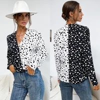 black white polka dot leopard blouse women spring autumn long sleeve v neck open stitch loose casual shirt plus size
