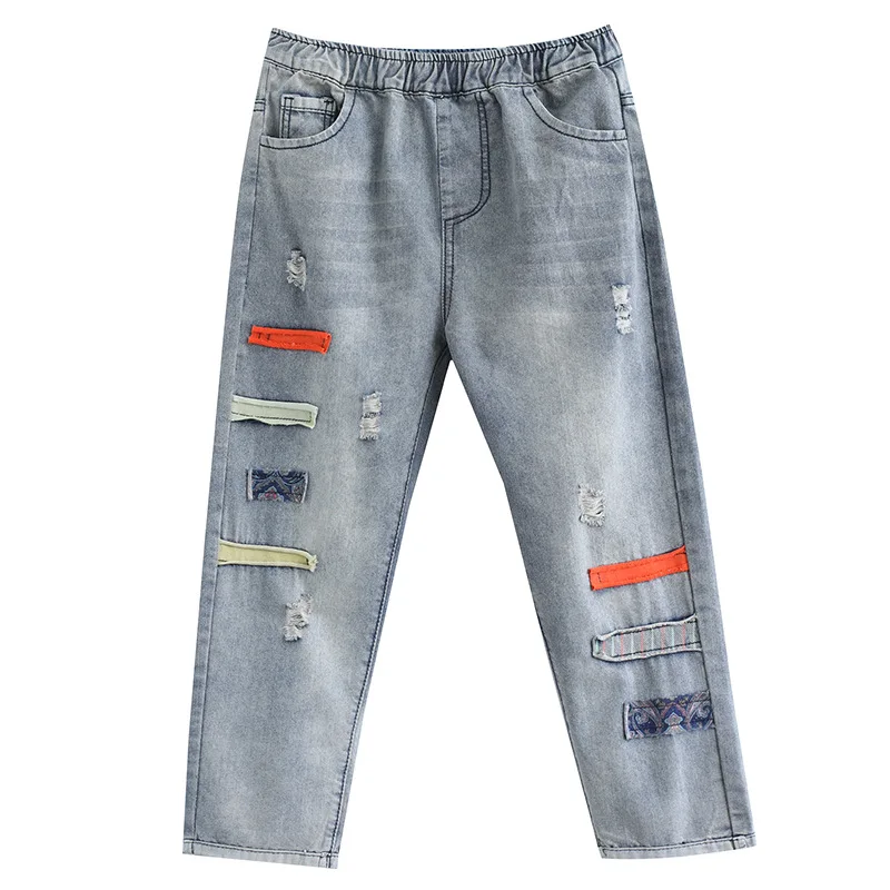 

Jeans Woman Summer Calf-Length Trendy Korean Style Plus Size Elastic Waist Ripped Denim Harem Pants Casual jeans for women