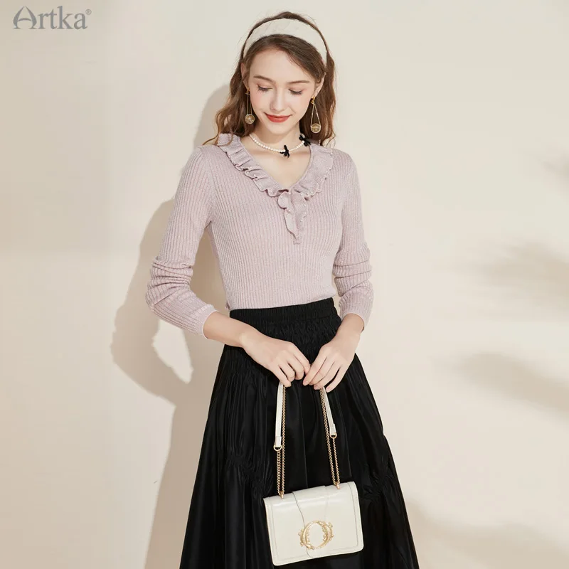 Женский шерстяной свитер с оборками ARTKA Фиолетовый Элегантный Мягкий