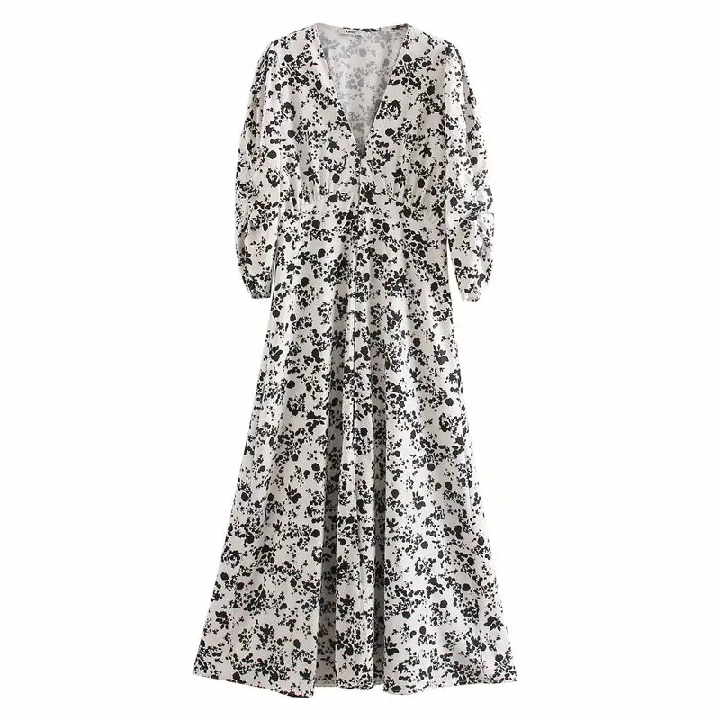 Женское повседневное длинное платье элегантное с цветочным принтом v-образным