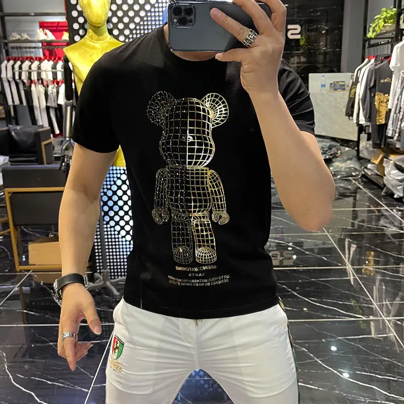 

Fashion Brand T-shirt Man Slim Bear Rhinestone Sequin Mercerized Cotton 2021 Summer New Korean Trend Male Tee Men's Clothing Top