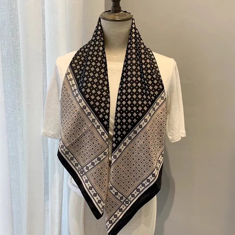 

90CM Women Square Silk Scarf 2021 New Designer Plaid Print Female Foulard Ladies Headband Bandana Large Hijabs Handkerchief