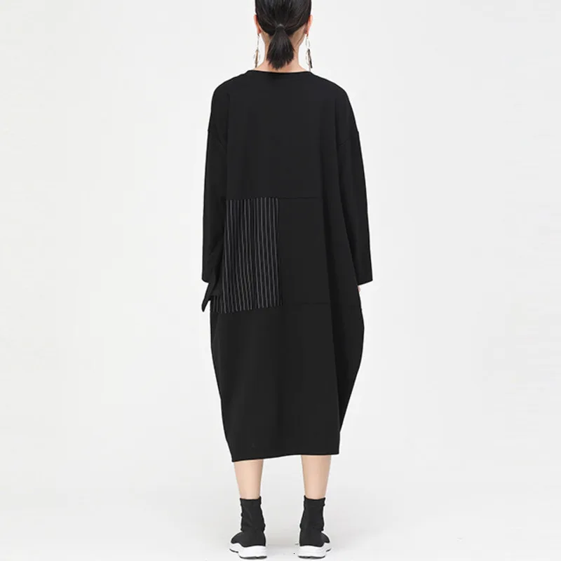 

Fashion Tide Autumn And Winter New Fashion Retro Round Neck Striped Stitching Irregular Loose Long Dress Female PB729