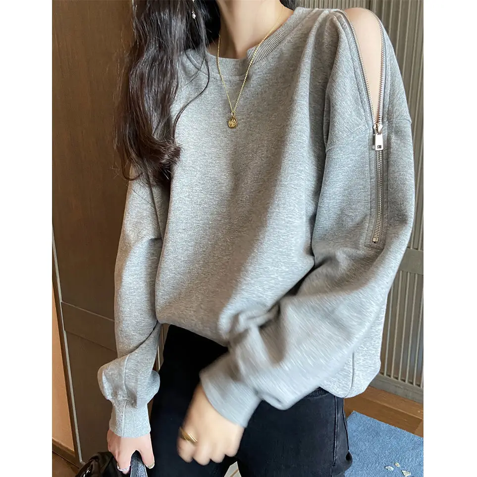 

Hoodies Women Cotton Sweater Zipper off Shoulder Long Sleeve round Neck Loose Top Hoodies Sweatshirts Tops Sudaderas