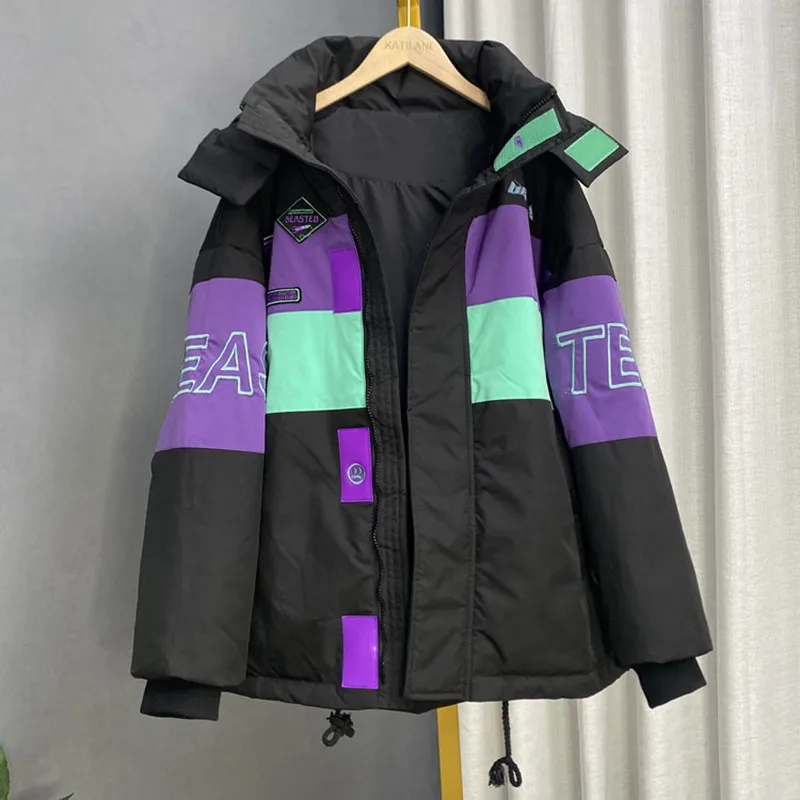 

Black Hooded Down Jackets Women High Quality Parkas Embroidery Fashion Patchwork Loose Cotton Coat Female Warm Winter Jacket