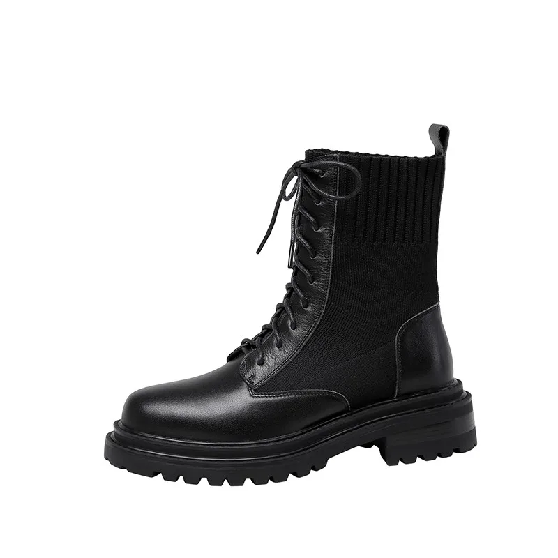 

2020 winter new chunky boots platform women shoes ankle boots genuine leather knitting middle block heels lace up black booties
