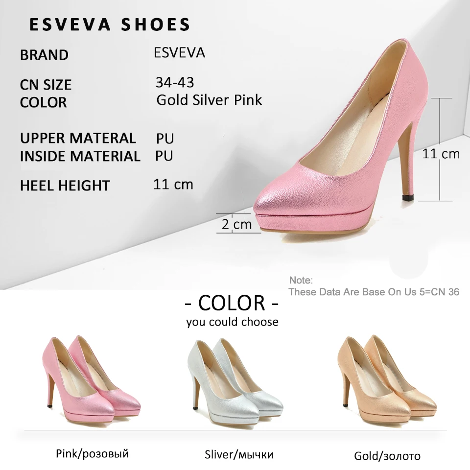 

ESVEVA 2019 Platform 2cm Women Pumps Shoes Elegant PU Leather Slip on Thin High Heels Pointed Toe Wedding Women Shoes Size 34-43
