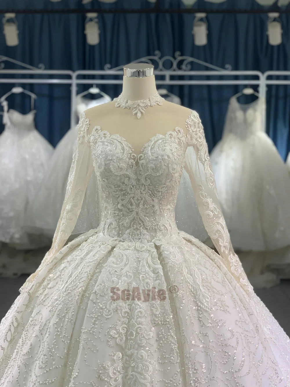 SoAyle High Neck Long Sleeves Lace Wedding Dress Heavy Beading Luxury Ball Gown Wedding Dresses for Women vestido de novia