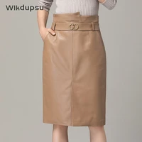 real sheepskin genuine leather skirt women fashion designer midi high waist skirt office lady pencil skirts belted oversize